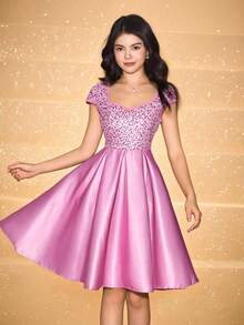 Teen Girls' Sleeveless Sequin Patchwork Waist Cinched Elegant Halloween & Christmas Dress - Pink - View 4