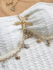 Soleia 女式度假白色针织纹理露肩胸前镂空褶饰金属海星装饰紧身迷你连衣裙，性感派对约会海滩度假夏装 - 白色 - 查看 3