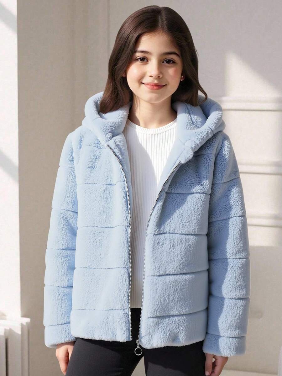 Sparklyn Oversized Hooded Rabbit Fur Trim Casual Jacket For Tween Girls Loose Fit Comfortable For Daily, Outdoor, Party, Photo Shoot Fall Winter