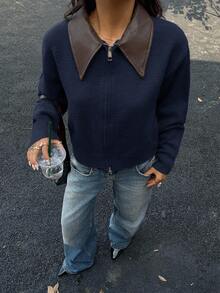 SHEIN Frenchy 复古拼接领短款开衫毛衣 - 2 色可选，女士秋冬服装，美拉德针织开衫，高端仿皮领双拉链针织开衫外套 - 藏蓝色 - 查看 4