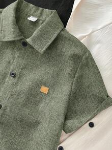 SHEIN 3件套青少年男童宽松休闲百搭立领贴布编织短袖衬衫套装，适合上学、聚会、派对和郊游等场合。 - 軍綠色 - 查看 5