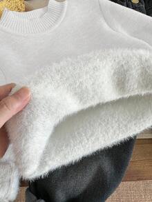 SHEIN 男童纯色长袖休闲抓绒毛衣，秋冬季 - 白色 - 查看 2