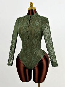 Mistrie Body sexy de manga larga con espalda descubierta y diseño calado - Verde Oscuro - Ver 9