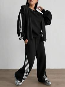 Aidyla 2pcs Set Contrast Color Striped Fleece Hoodie Sweatshirt, Fashionable Street Style - Black - View 6