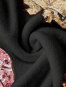 EMERY ROSE Plus Size Women Solid Color Knitted Round Neck Maple Leaf Sequin Embroidery Long Sleeve Regular Elegant Pullover Sweater, Autumn/Winter - Black - View 7