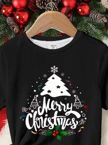 SHEIN Leap Crew 少女休闲卡通圣诞老人、拐杖糖、圣诞树图案短袖圆领T恤和紧身打底裤睡衣套装 - 彩色 - 查看 5