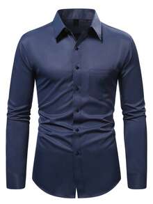 Manfinity Mode 加大码男士纯色口袋商务休闲长袖衬衫 商务休闲男士衬衫 男士正装衬衫 藏蓝色正装衬衫 男士蓝色设计师衬衫 男士婚礼衬衫 - 藏蓝色 - 查看 3