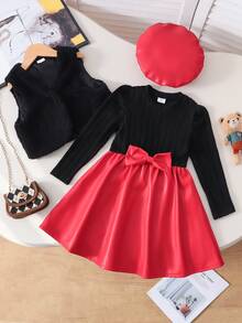 女童双面珊瑚绒无袖背心外套，搭配黑色罗纹针织12*4纹理半身连衣裙，腰间饰有红色皮革蝴蝶结，并配以红色皮革贝雷帽。女童咖啡色针织圆领长袖上衣，饰有破洞拼接和豹纹蝴蝶结，搭配豹纹针织短裤，两件套休闲装，适合户外旅行、派对等场合。 - 米色 - 查看 3