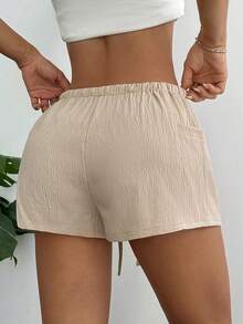 Flirla 女士休闲裤，侧边口袋，抽绳腰带，简约百搭，适合日常穿着，夏季款 - 杏色 - 查看 2