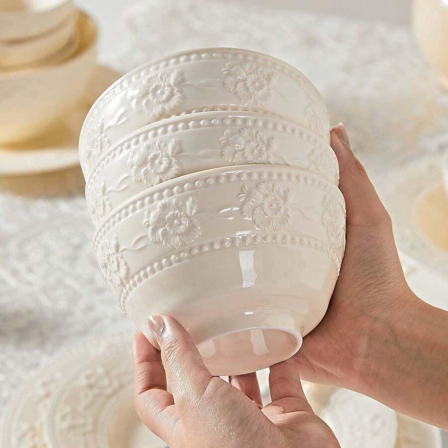 1件套陶瓷厨房碗碟，法式奶油色压纹餐具，美观大方，家用饭碗、蔬菜盘、餐盘、筷子，组合碗碟搭配白色压纹餐具，可机洗，可微波炉加热 - 白色 - 查看 1