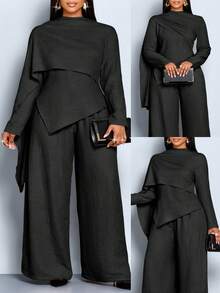 SOLERSUN Áo choàng và quần ống rộng thời trang nữ cỡ lớn mới thanh lịch, giản dị, màu trơn, khăn choàng, áo choàng và quần ống rộng, phù hợp mặc hàng ngày, mua sắm, mặc lễ Tạ ơn, viền áo không đều, vải dệt kaki nhạt, mặc trong lễ Halloween - màu đen - Xem 3