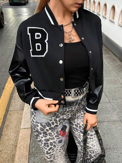 Plus Letter Patched Striped Trim Drop Shoulder Crop Bomber Jacket Winter Fall Autumn