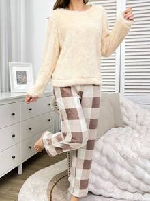 SHEIN 女士休闲毛绒长袖家居服套装，秋冬款 - 米色 - 查看 5