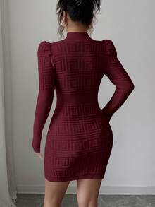 Elenzga Vestido de suéter de mujer con cuello alto, elegante, de Body ceñido, con textura acanalada y cintura ribeteada - Burdeos - Ver 2