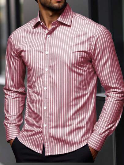 Manfinity Homme Plus Size Men's Regular Shoulder Long Sleeve Striped Front Button Casual Shirt