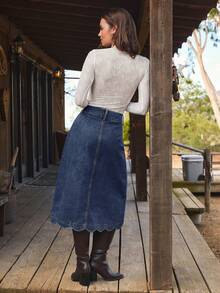WESTFADE High Waist Scalloped Button Front Cotton Blend Denim A Line Midi Skirt Cute Fall , Casual, Autumn, Winter, Boho, Western Wear For Women, Country Concert - Dark Wash - View 3