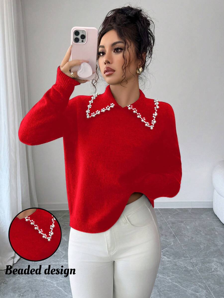 SHEIN Elenzya Aniusta 女士秋冬休闲上衣,适合度假、独立日、劳动节、哥伦布日、感恩节、情人节、复古街头风、斯德哥尔摩风、韩式风,优雅百搭,也适合约会、工作、教师、返校、哥特风、办公室穿着、商务休闲等场合,领口饰有装饰针织衫。 - Fiery Red - 查看 1