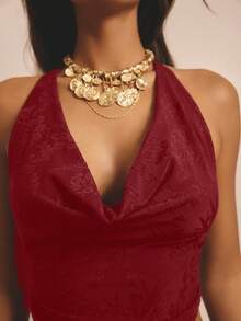 Aralina Halter Neck Cowl Front Open Back Draped Fit Minimalist Style Vacation Women Top - Burgundy - View 4