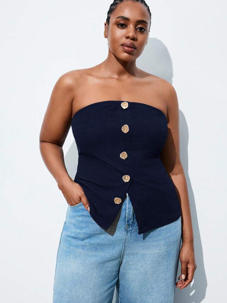 SHEIN Maija Plus Size Women's Black Top Metal Button Color Block Front Slit Hem Tube Top, Urban Commute Business Casual Elegant, Wedding Guest, Beach Holiday Navy Blue Tube Top Curve Summer Top Spring To Summer Spring Valentine's Day Party Beach Wedding Vacation Casual
