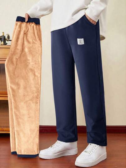 SHEIN Pantalones tejidos con forro térmico grueso negro para niño preadolescente, adecuados para ir al trabajo, la escuela, uso casual, viajes, deportes, primavera, verano, otoño e invierno