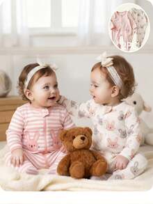 新生女宝宝可爱休闲针织卡通图案条纹长袖连体衣 - 彩色 - 查看 10