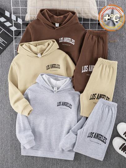 SHEIN 6 件儿童/青少年男童休闲字母图案连帽运动衫和宽松针织裤 2 件套，3 种颜色（红色、黑色、灰色），适合通勤、上学、日常休闲、旅行、运动、所有季节