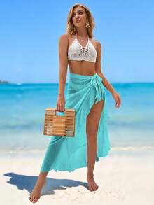 Swim Vcay Solid Color Ruffled Hem Sheer Sexy Summer Beach Cover-Up - Mint Blue - View 6