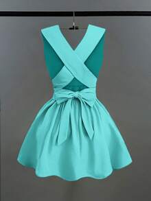 Franclia 女士浪漫优雅性感婚礼宾客纯色交叉 V 领无袖 A 字迷你连衣裙，演唱会服装百搭设计，适合海滩、派对、春夏口袋晚礼服露背奶油黄短裙 - 薄荷綠 - 查看 2