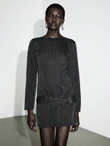 Lumivelle 女士时尚条纹圆领低腰带长袖修身连衣裙 - 黑色 - 查看 3