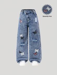 ChillGRL Tween Girl 不对称弹性腰部蝴蝶印花宽松舒适浅蓝色牛仔阔腿裤 - 中等水洗藍 - 查看 5