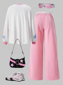 SHEIN ChillGRL Streecool 儿童休闲校园少女印花拼接条纹长袖上衣和工装裤两件套 - 粉色 - 查看 2