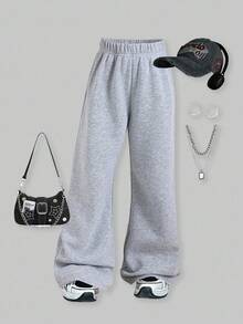 ChillGRL 1 件 Tween Girl 宽松灰色保暖内衬阔腿休闲运动裤，秋冬款