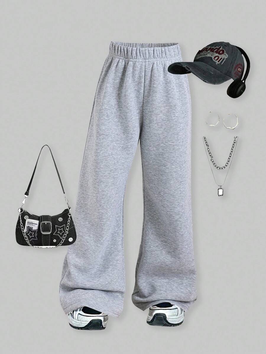 ChillGRL 1 件 Tween Girl 宽松灰色保暖内衬阔腿休闲运动裤，秋冬款