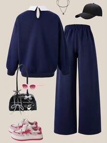 SHEIN ChillGRL Casuvi 儿童女童两件套：圆领长袖 T 恤，蕾丝花边装饰和卡通印花，针织阔腿裤，蕾丝花边和图案印花，适合春秋季休闲、返校、运动、度假 - 藏蓝色 - 查看 2