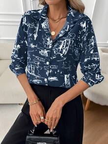 SHEIN Unity Women's Casual All-Over Print Long Sleeve Shirt, Autumn