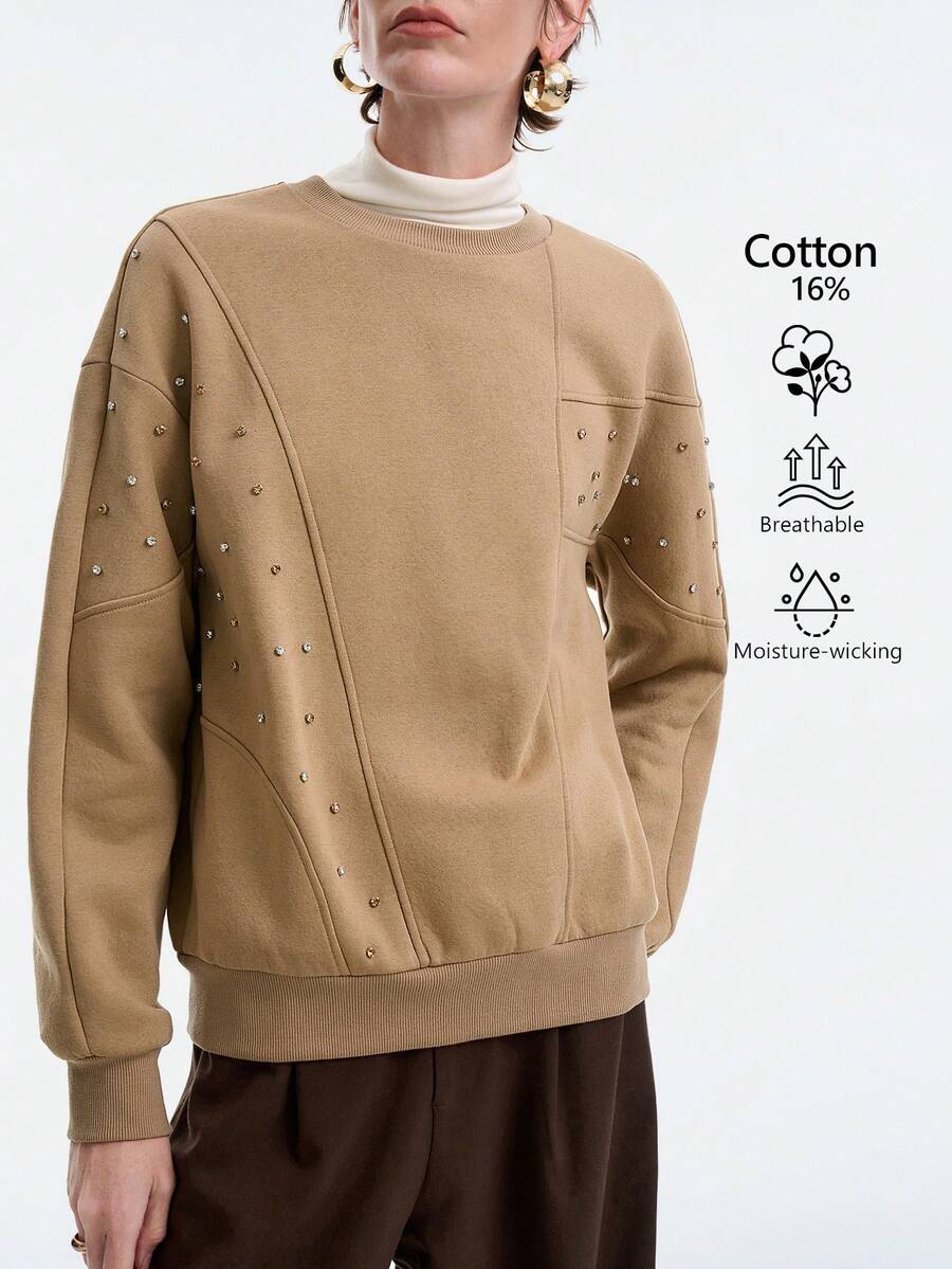 SHEIN LUNE Women's Solid Color Round Neck Drop Shoulder Long Sleeve Loose Fashion Versatile Rhinestone Embellished Sweatshirt