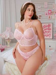 PetitDoll 两件套加大码性感透视内衣套装，粉色 - 粉色 - 查看 3