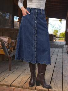 WESTFADE High Waist Scalloped Button Front Cotton Blend Denim A Line Midi Skirt Cute Fall , Casual, Autumn, Winter, Boho, Western Wear For Women, Country Concert - Dark Wash - View 2
