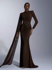 Elitara Elegant Luxurious Stretchy Mesh Sleeve Ruffle Hem Sexy Slit Fishtail Dress With Sequins, Suitable For Weddings, Events, Singles Parties, Vacations, Galas, Formal Occasions - Coffee Brown - View 7