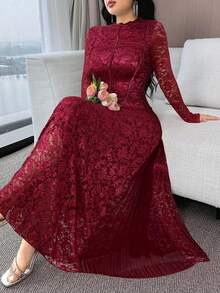 Modelyn 女式花卉蕾丝领长袖褶边优雅连衣裙 - 酒紅色 - 查看 3