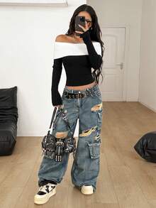 Coolane 女士秋冬 Y2K 法兰绒露肩毛衣 - 黑色 - 查看 2