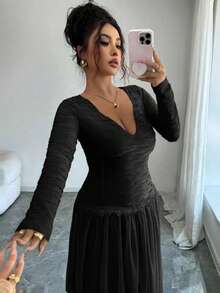 Modelyn French Design Patchwork Heart Neck Women's Dress - Black - View 6