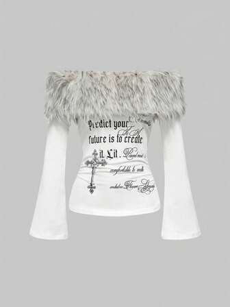 Grunge Punk Y2K Chic Schneeleopard Pelz Kreuz Slogan Muster tailliertes Off-Shoulder T-Shirt