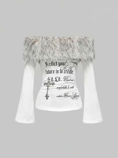 Grunge Punk T-shirt ajusté à épaules dénudées avec imprimé slogan et fourrure de léopard des neiges, style chic Y2K