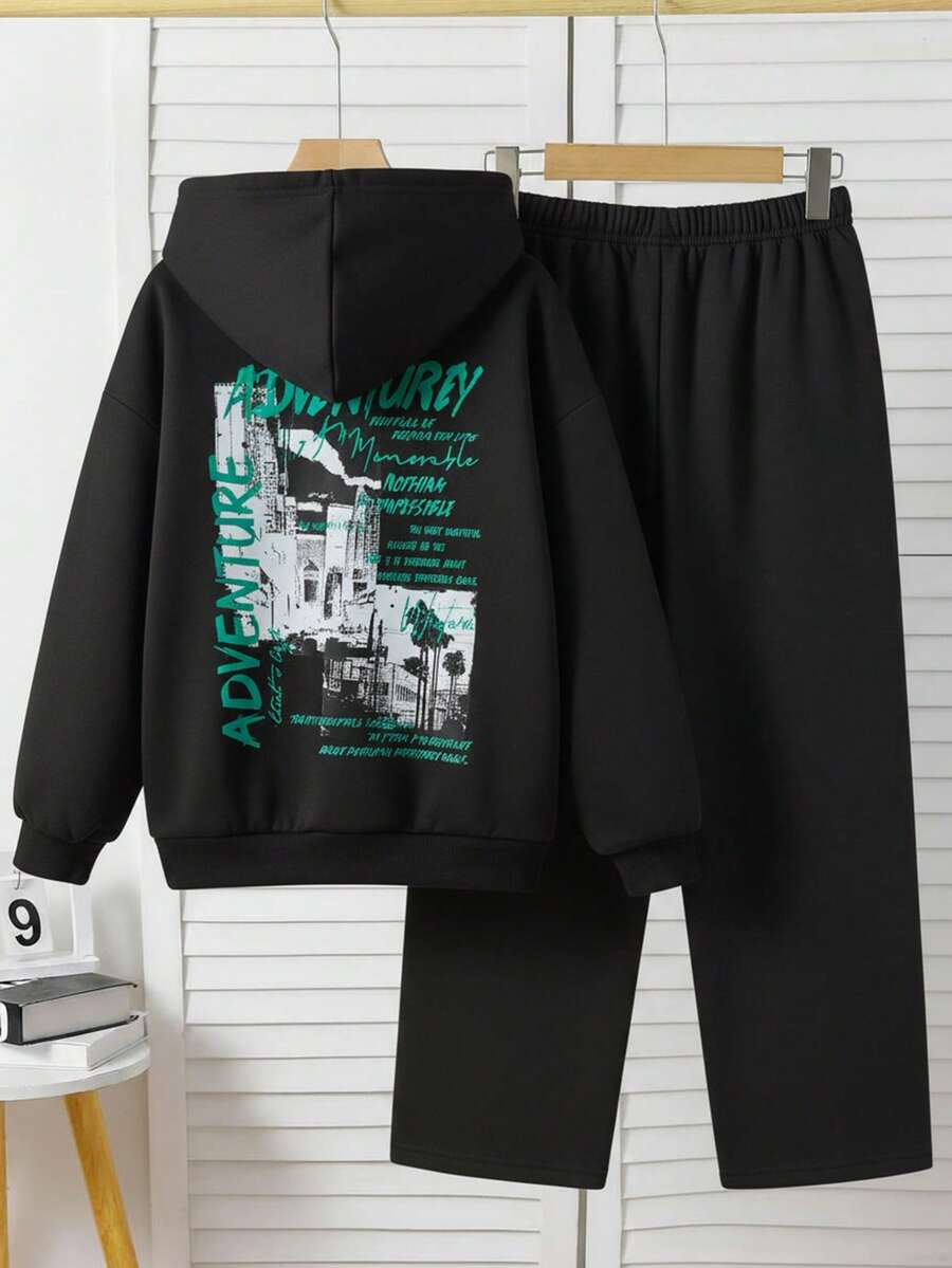 SHEIN 两件套男童休闲学院风蓝色字母印花连帽卫衣和直筒抽绳裤套装，适合上学、居家、日常穿着、运动，百搭简约 - 黑色 - 查看 1