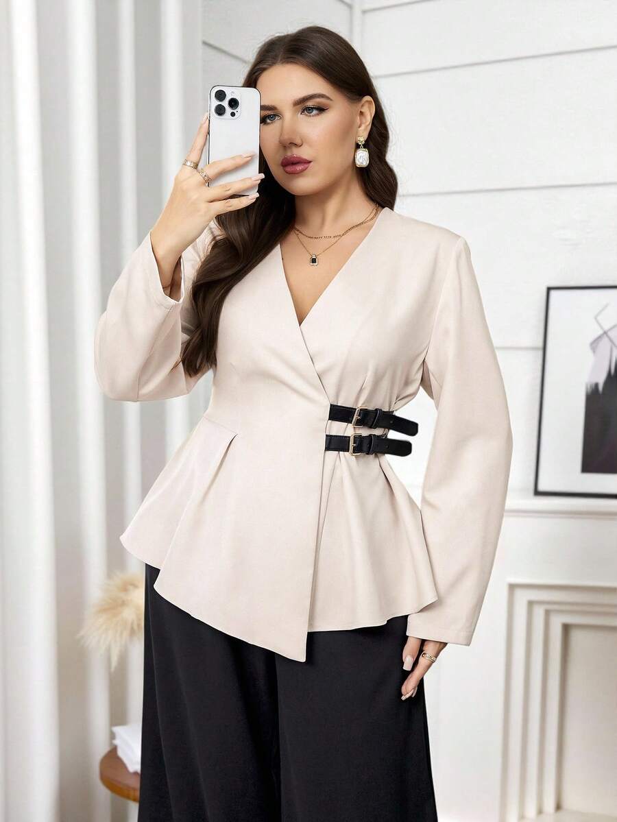 Modelyn Conjunto de traje elegante de chaqueta de manga larga con cinturón en la cintura y pantalones de pierna ancha para mujer de talla grande - Multicolor - Ver 1
