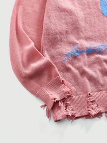 ROMWE MEN ROMWE Avant Men's Crew Neck Distressed Portrait Punk Graphic Sweater - Pink - View 4