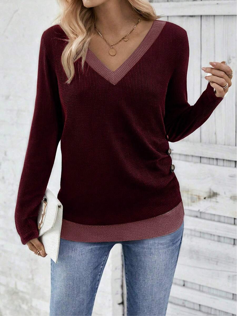 SHEIN 撞色V领长袖宽松休闲套头T恤 - 彩色 - 查看 1