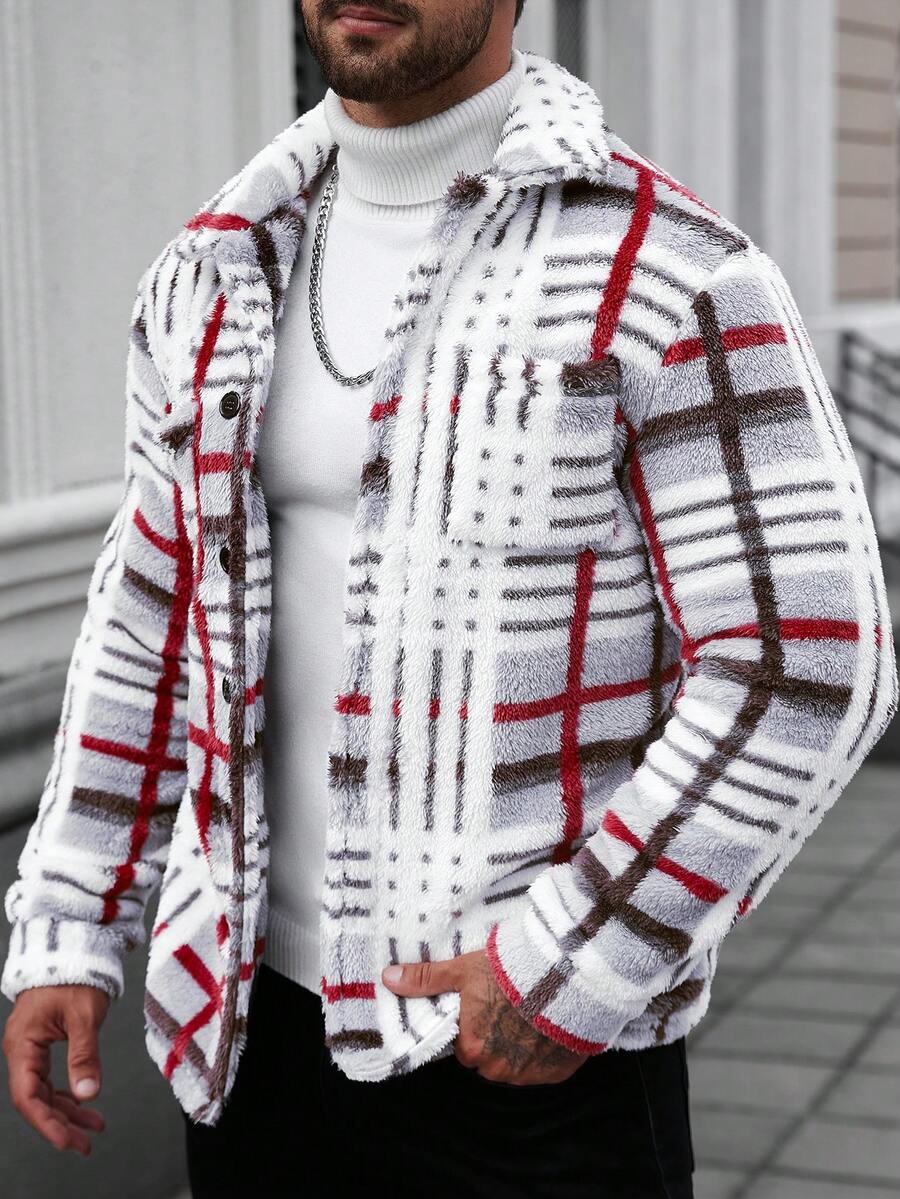 Manfinity CasualCool Cappotto in pile a maniche lunghe con motivo a quadri e colori a contrasto, per uomo - Rosso - Visualizzare 1