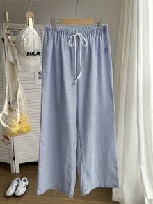 Comfortcana Plus Size Casual Loose Striped Drawstring Waist Pants - Navy Blue - View 3